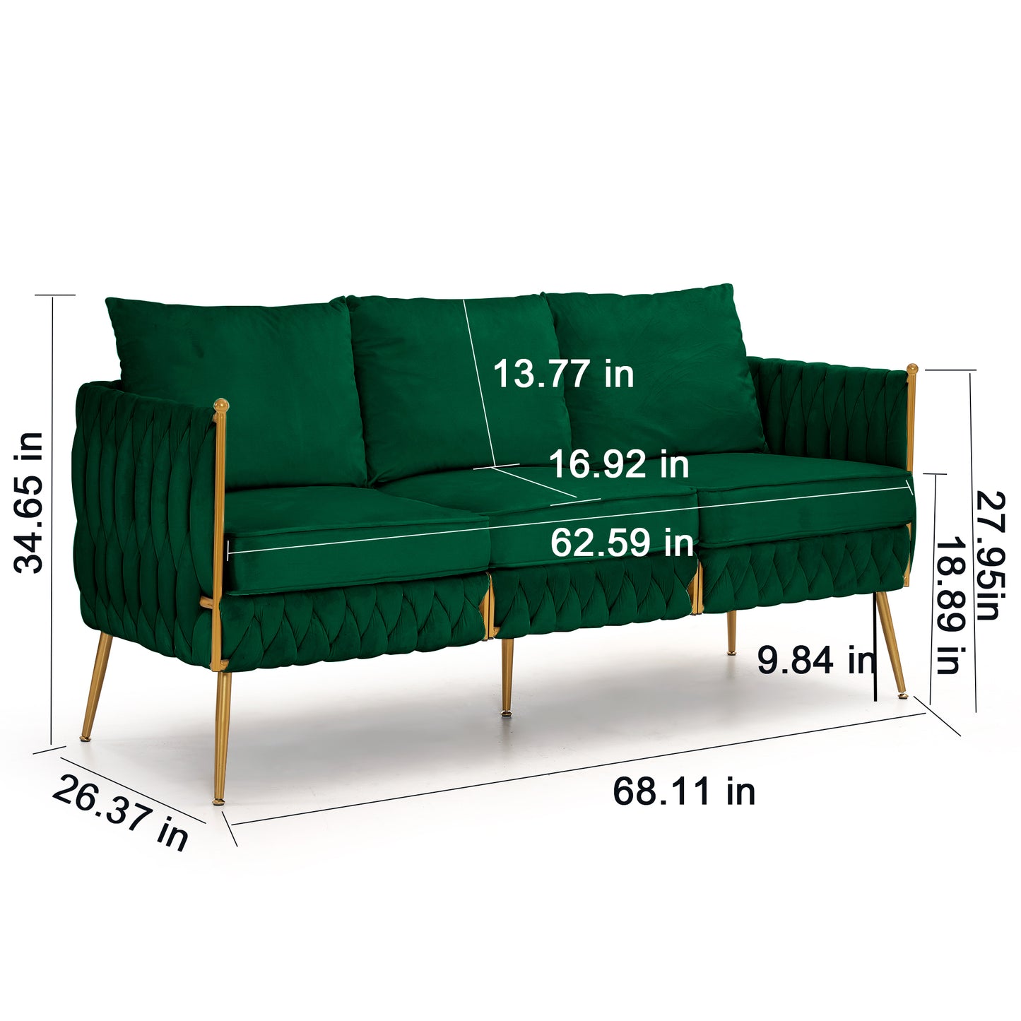 Velvet Sofa Set with Gold Legs, 2 Pieces of Modern Accent Chair and One piece of 3-Seater Sofa for Living Room, Comfy Upholstered Couch Set, Velvet Handmade Woven Back , Green Velvet