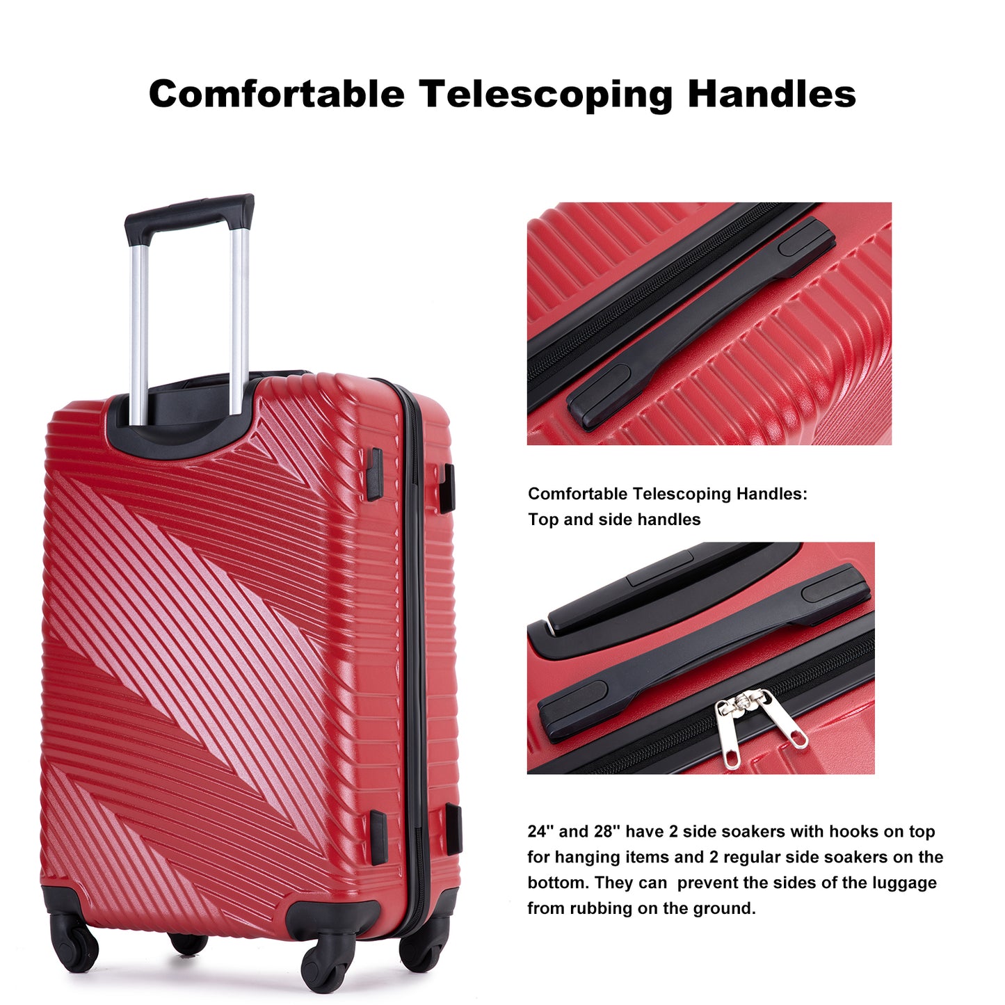 3 Piece Luggage Sets PC+ABS Lightweight Suitcase with Two Hooks, Spinner Wheels, (20/24/28) Red