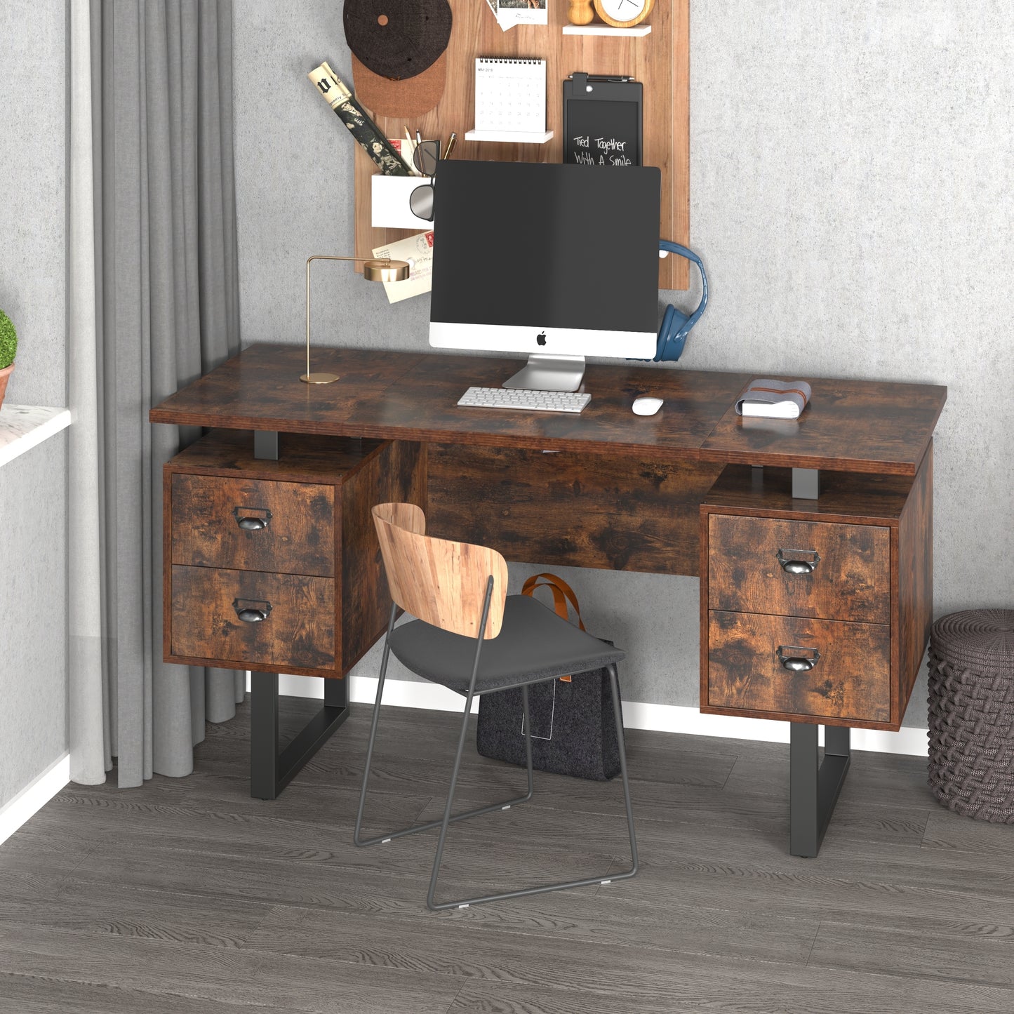 Rustic Brown Solid Wood Computer Desk with 4 Drawers for Home Office