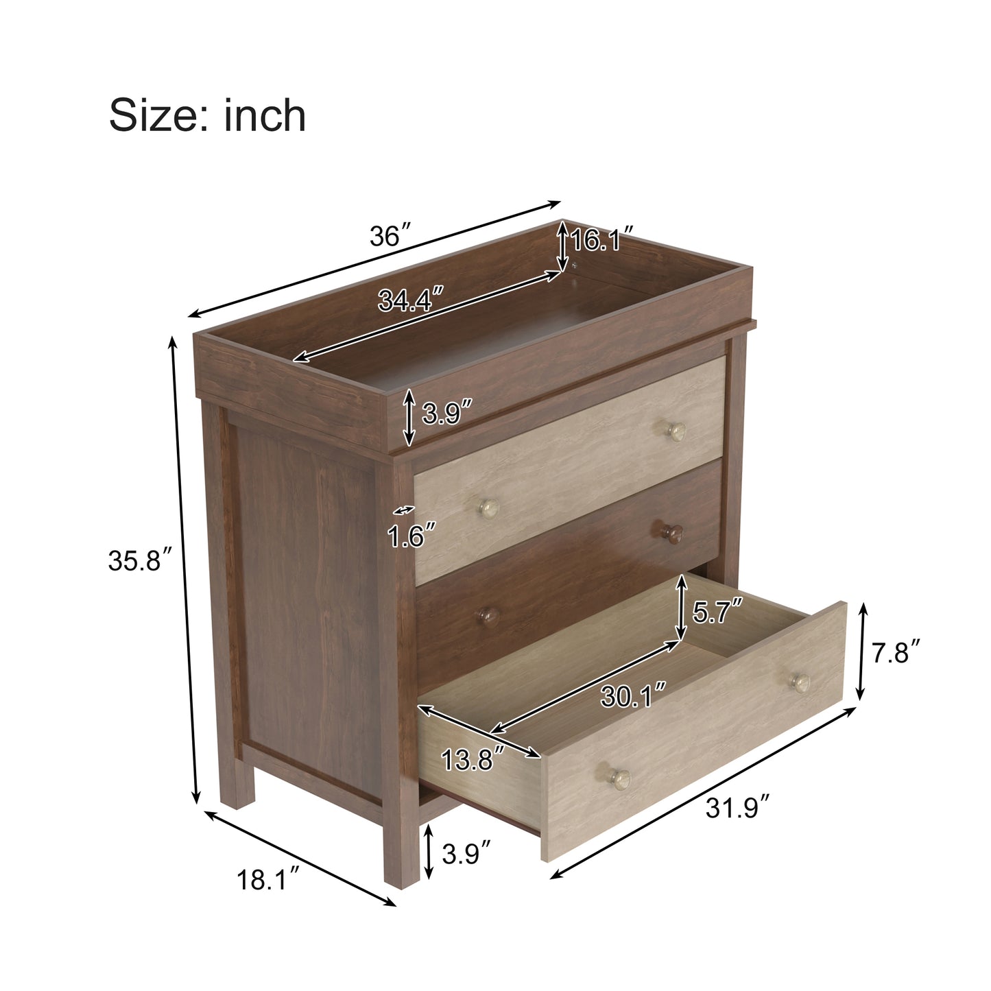 3-Drawer Changer Dresser with Removable Changing Tray in Brown