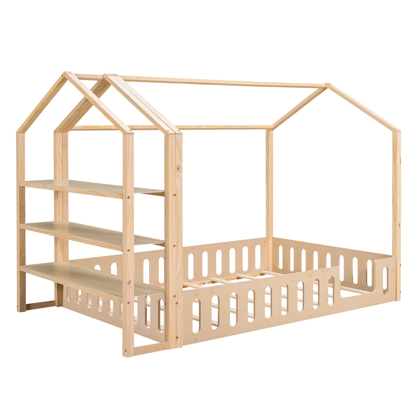 Full Size Wood House Bed with Fence and Detachable Storage Shelves, Natural (Expected Arrival Time: 1.7)