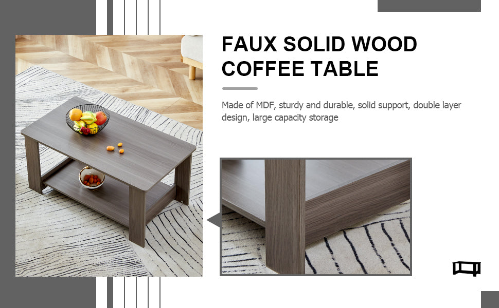 Elegant Gray Wood Grain Double Layered Rectangular Coffee Table, Perfect for Any Room