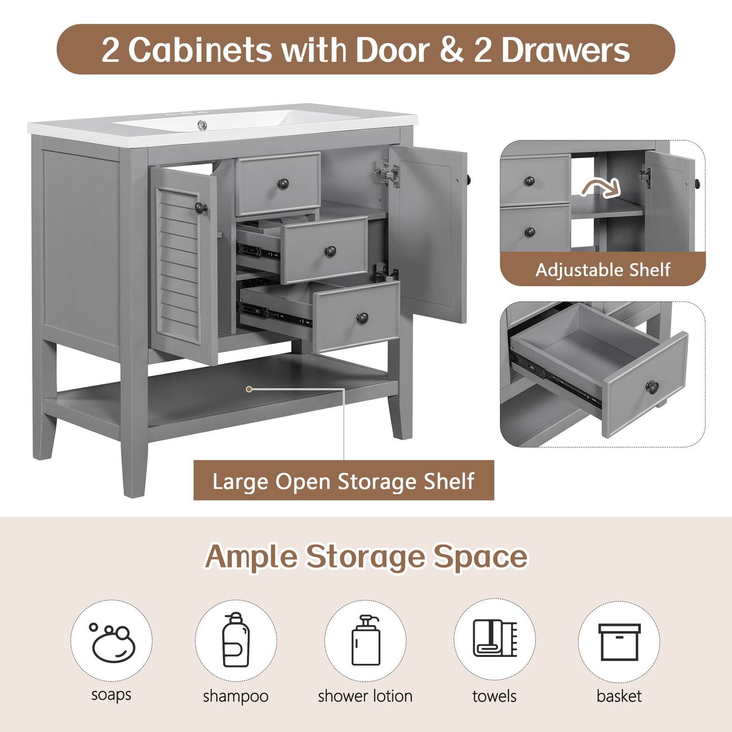 36" Bathroom Vanity with Ceramic Basin, Two Cabinets and Drawers, Open Shelf, Solid Wood Frame, Grey