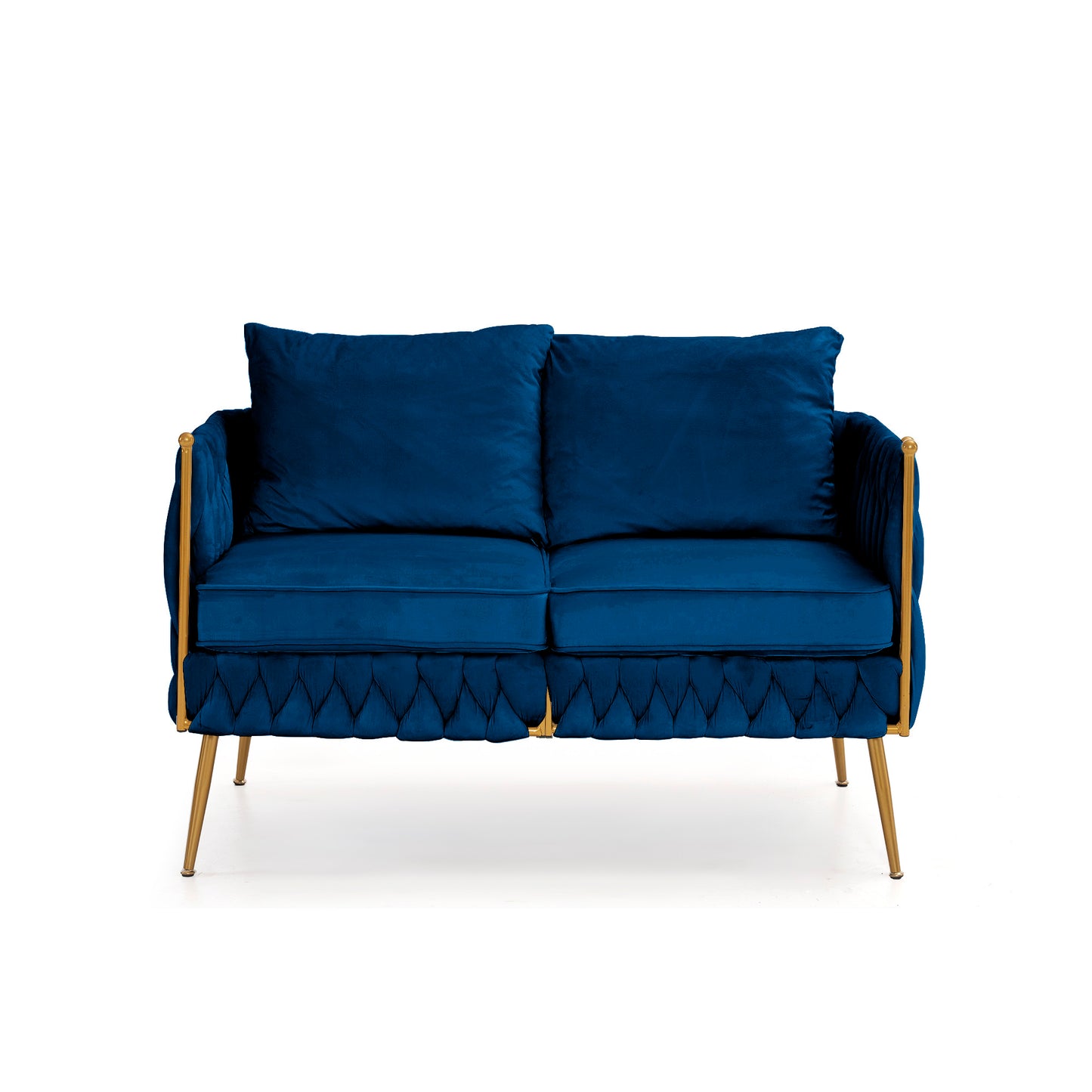 Luxurious 3-Piece Blue Velvet Living Room Set with Handwoven Tufted Backrest and Golden Metal Legs