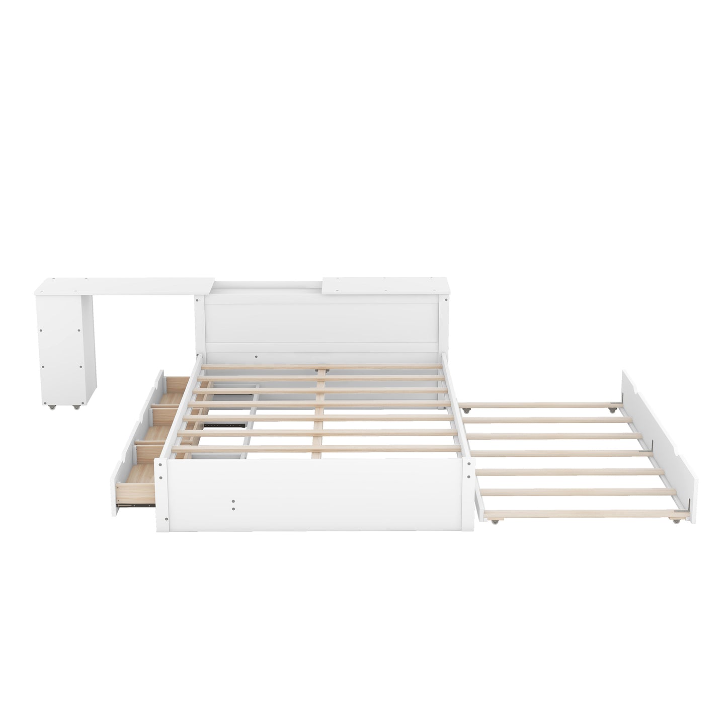 Full Size Platform Bed With a Rolling Shelf, White