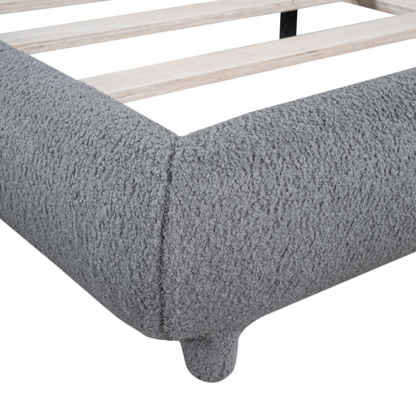 Teddy Fleece Queen Size Upholstered Platform Bed with Thick Fabric, Solid Frame and Stylish Curve-shaped Design, Gray