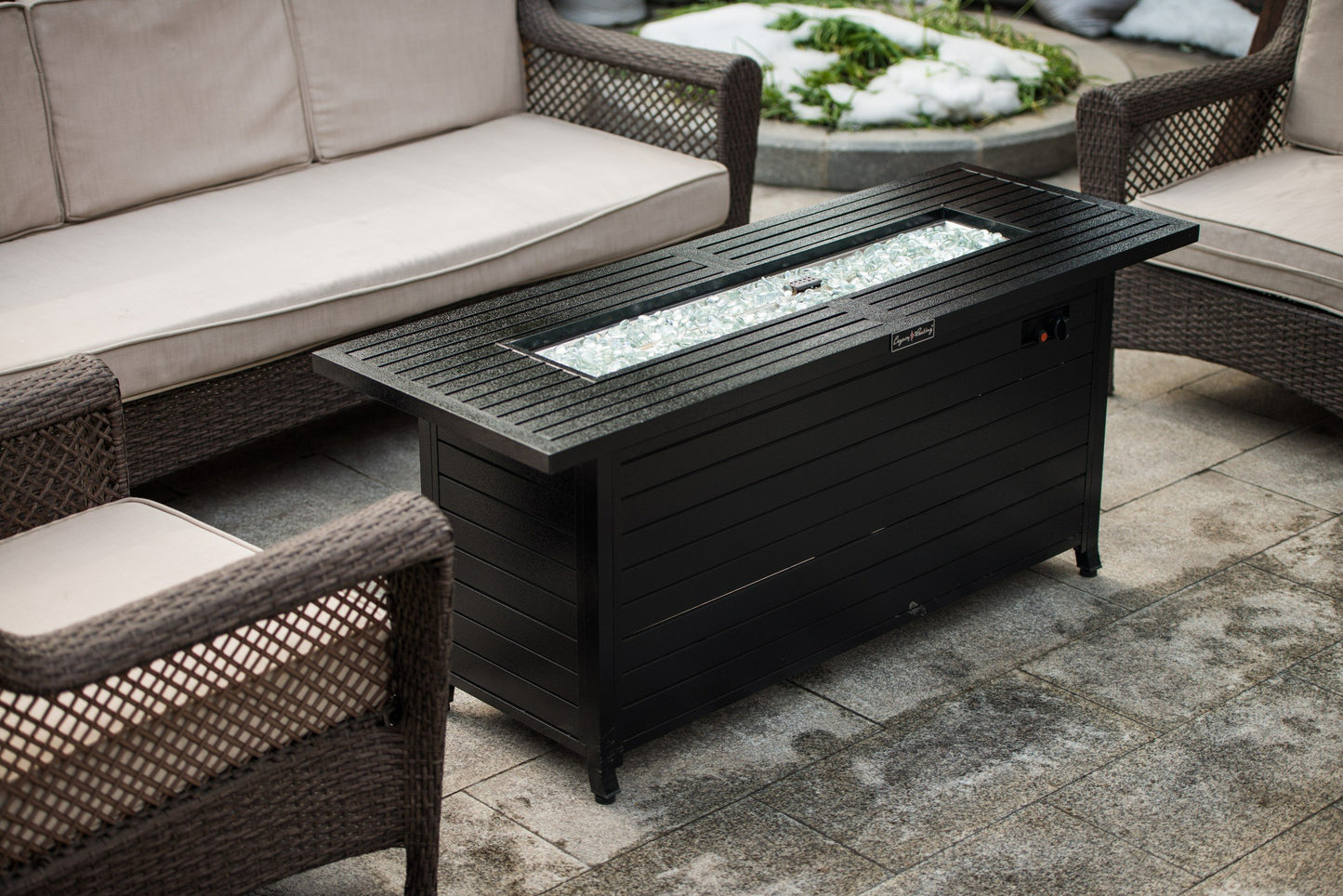 57-inch Propane Fire Pit Table with Lid and Fire Glass - Hammered Black Aluminum Outdoor Fireplace Dining Table