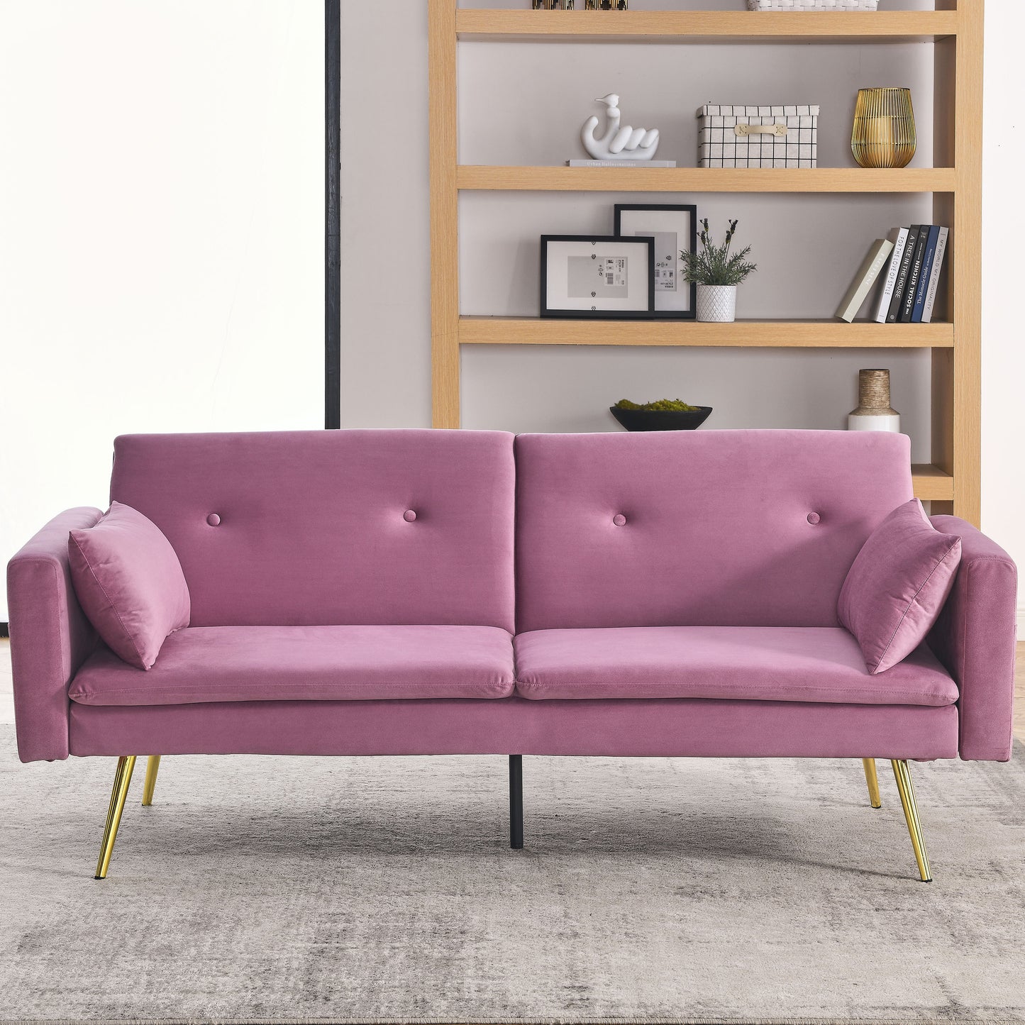 72.5 Pink Velvet Convertible Sofa Bed with Adjustable Backrest