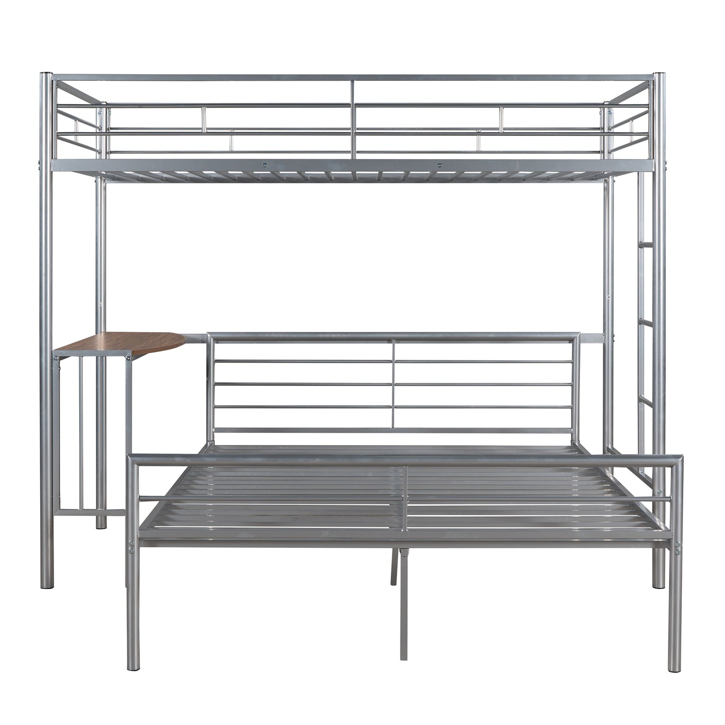 Silver Metal Twin Over Full Loft Bed with Integrated Desk and Ladder