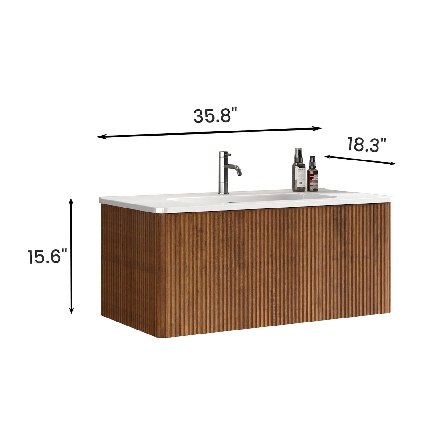 U048-Etna36W-305 Etna 36" Striped Walnut Bathroom Vanity with White Ceramic Sink, Wall Mounted Floating Bathroom Vanity for Modern Bathroom, One-Piece White Basin without Drain and Faucet