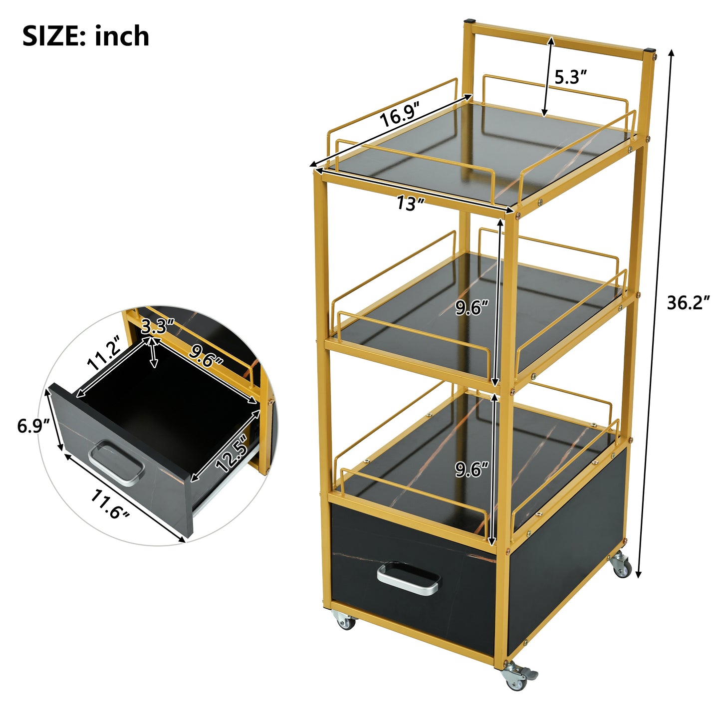 Beauty Salon Storage Trolley Cart,with Lockable Rolling Wheels,Metal Frame Marbled Board,Drawer Barber Salon Furniture,Black