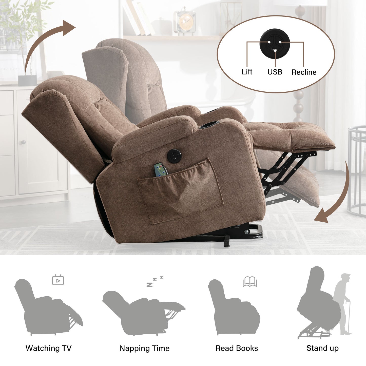 Electric Power Lift Recliner Chair with Heat and Massage for Seniors - Brown