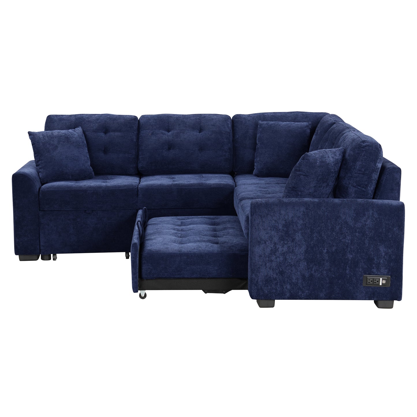 Convertible Navy Blue L-Shape Sleeper Sofa with USB Ports and Power Sockets