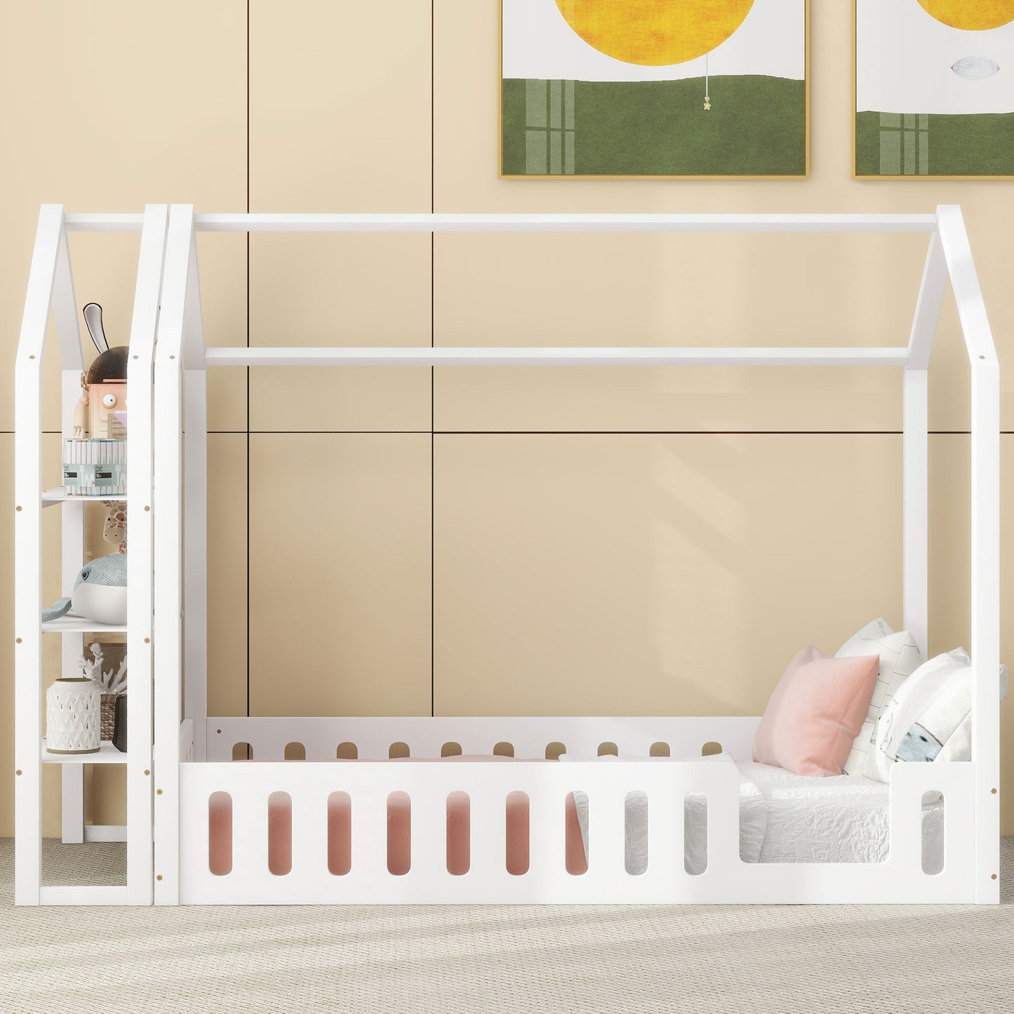 Twin Size Wood House Bed with Fence and Detachable Storage Shelves, White(Expected Arrival Time: 1.7)