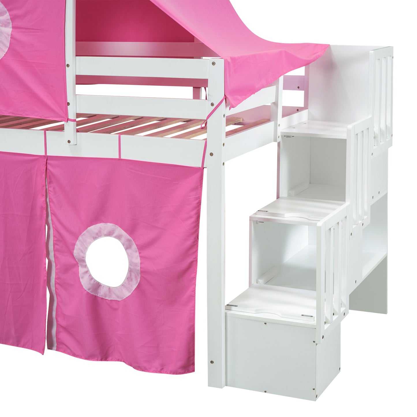 Twin Size Loft Bed with Tent and Tower - Pink