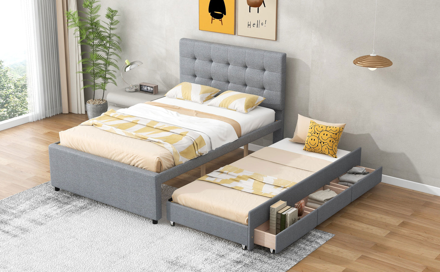 Full Size Upholstered Platform Bed with Pull-out Twin Size Trundle and 3 Drawers, Gray