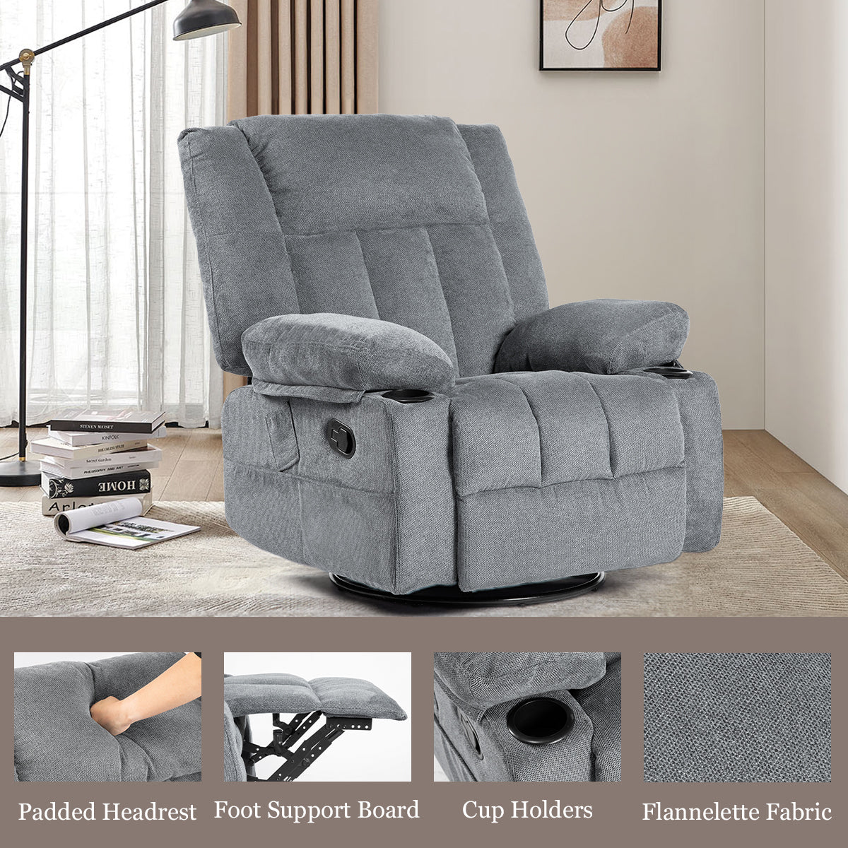 Massage Recliner Chair with Heating, Swivel, and Storage