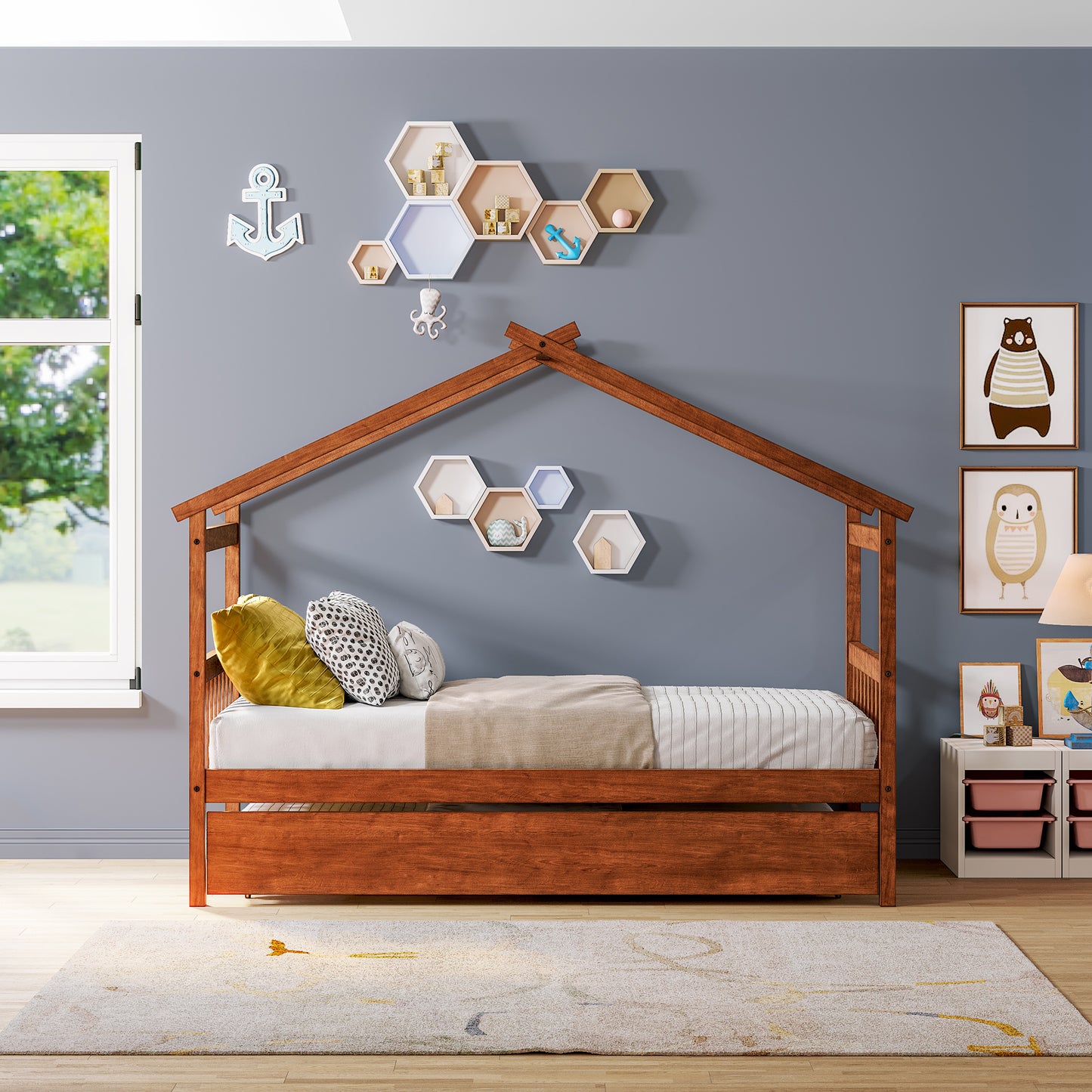 Twin Size Wooden House Bed with Twin Size Trundle, Walnut