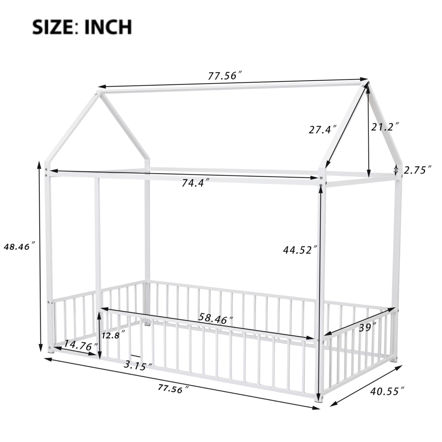 Twin Size Metal Bed House Bed Frame with Fence, for Kids, Teens, Girls, Boys, White