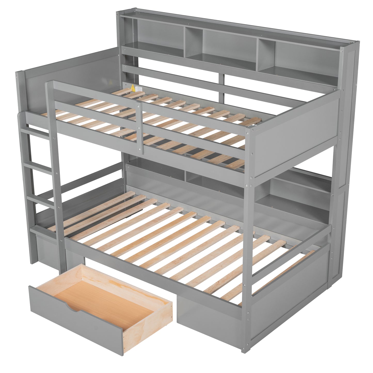 Twin Size Gray Bunk Bed with Storage Drawer and Built-in Shelves