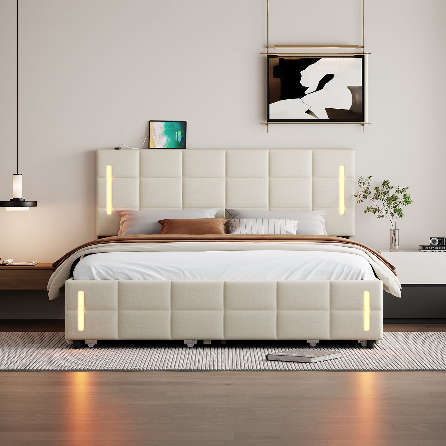 Queen Size Upholstered Platform Bed with Trundle and Drawers, Beige