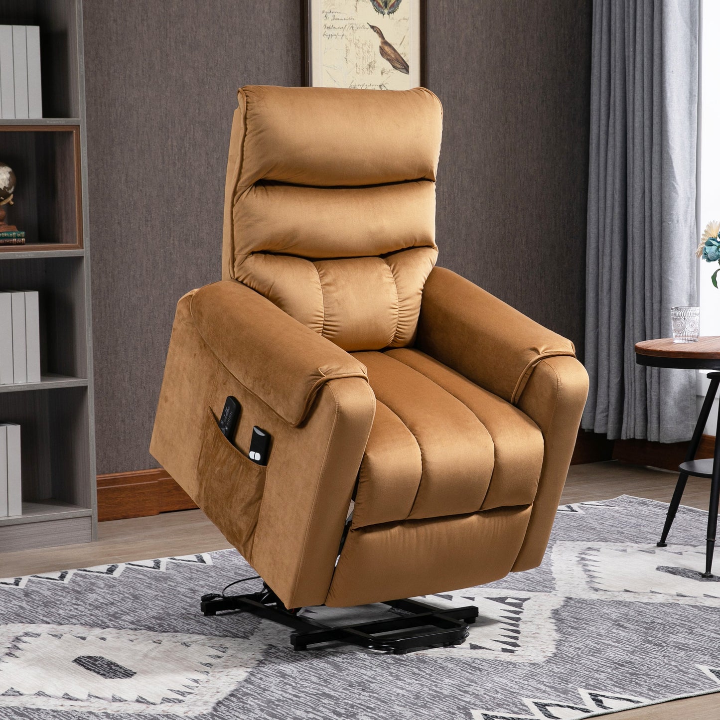 Elderly Velvet Power Lift Chair with Vibration Massage, Brown