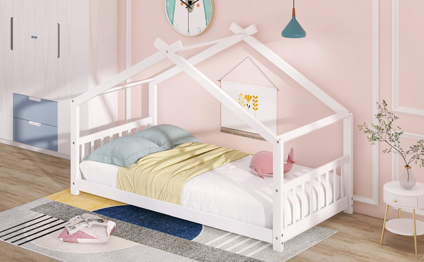 Twin Size House Bed Wood Bed, White