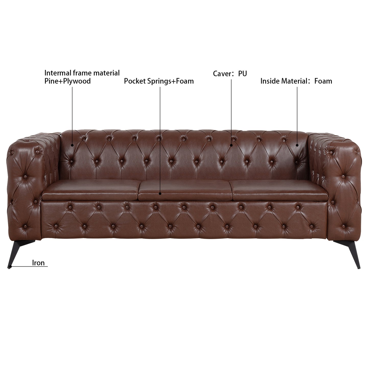 84.06-Inch Wide Classic Sled Design 3-Seater Sofa with Removable Cushions