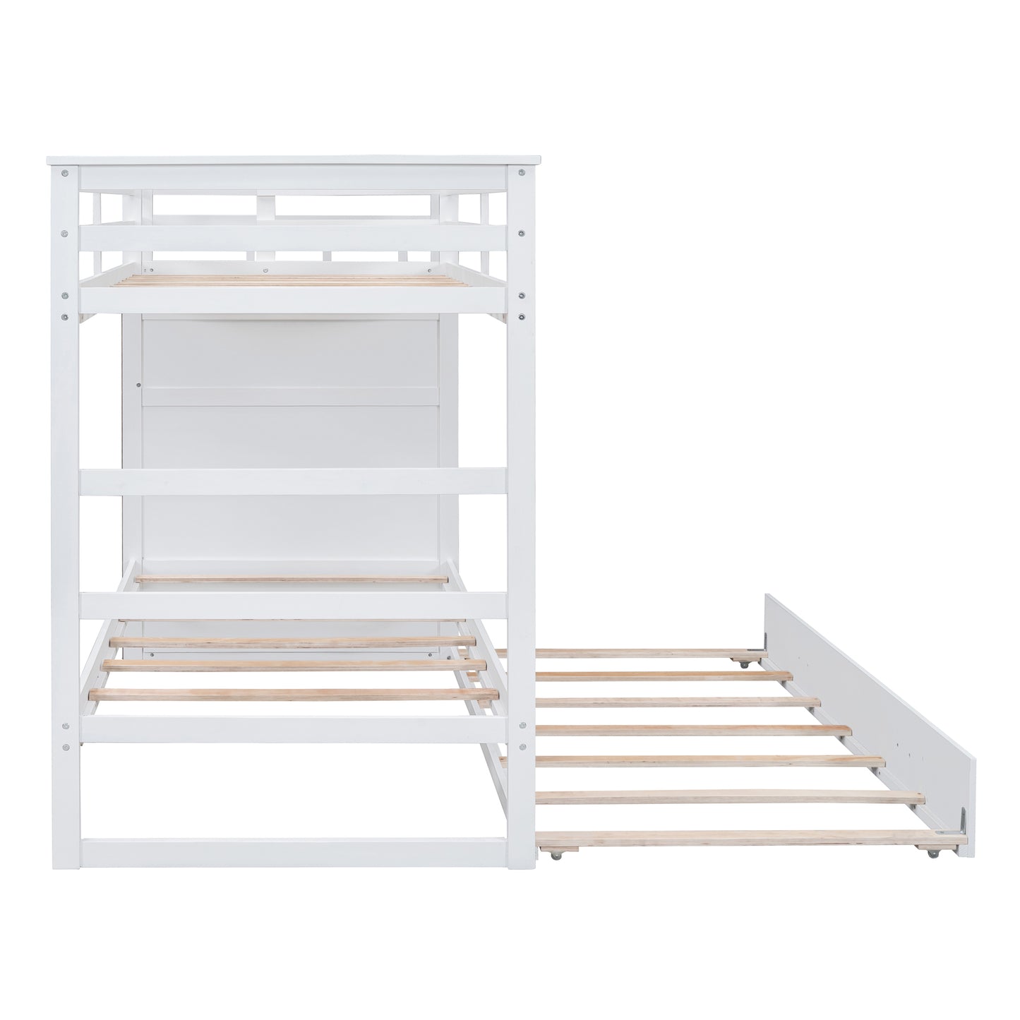 White Twin Over Twin Bunk Bed with Trundle, Staircase, and Storage Drawers