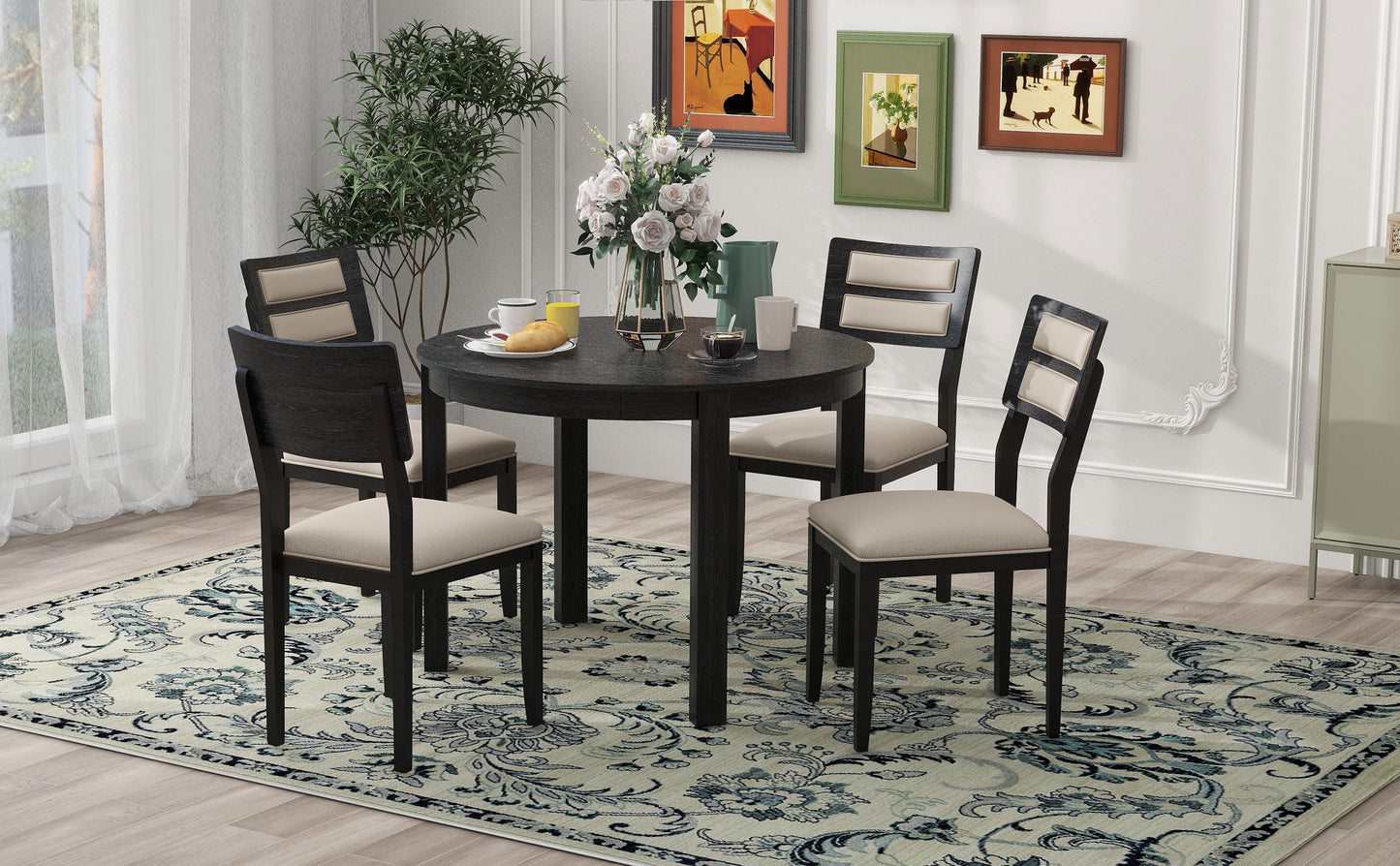 TREXM 5-Piece Multifunctional Dining Table Set, Farmhouse Dining Set with Extendable Round Table,Two Small Drawers and 4 Upholstered Dining Chairs for Kitchen and Dining Room (Black)