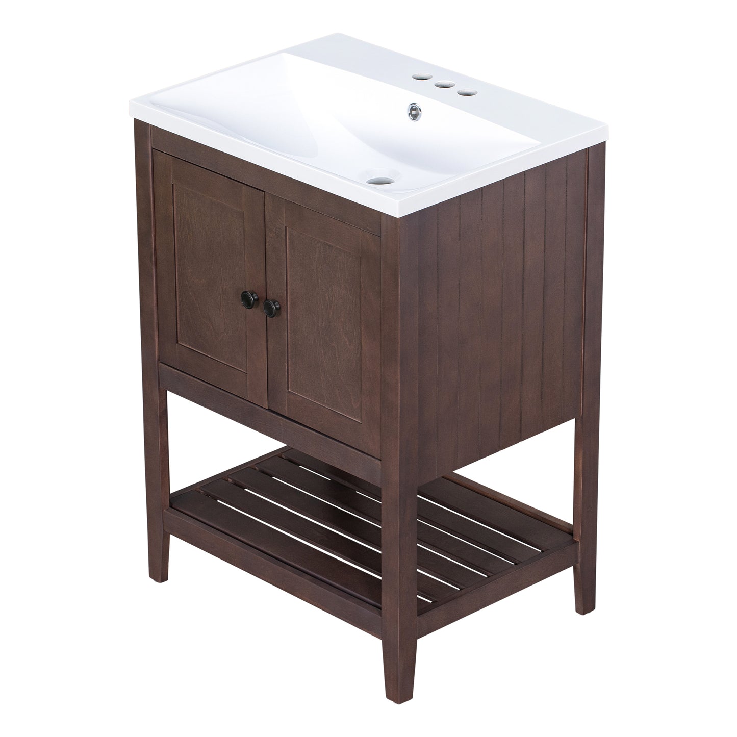 24" Brown Modern Sleek Bathroom Vanity Elegant Ceramic Sink with Solid Wood Frame Open Style Shelf