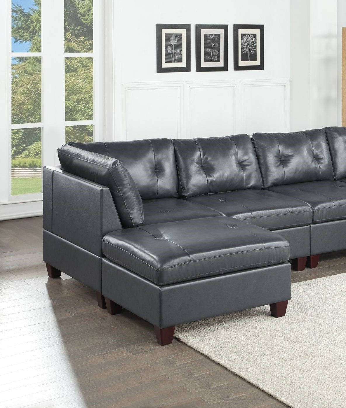 Elegant Black Genuine Leather Tufted 6pc Sectional Set with Ottoman