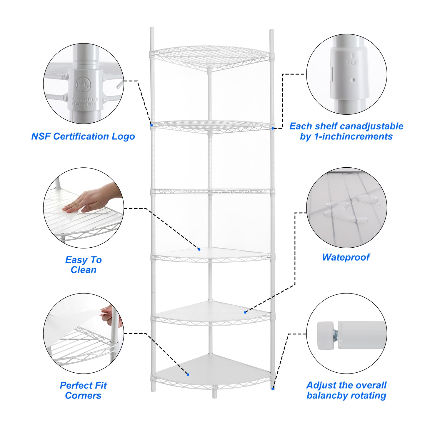 6 Tier Shelf Corner Wire Shelf Rack Adjustable Metal Heavy Duty Free Standing Corner Storage Display Chrome Rack for Bathroom, Living Room, Kitchen - White