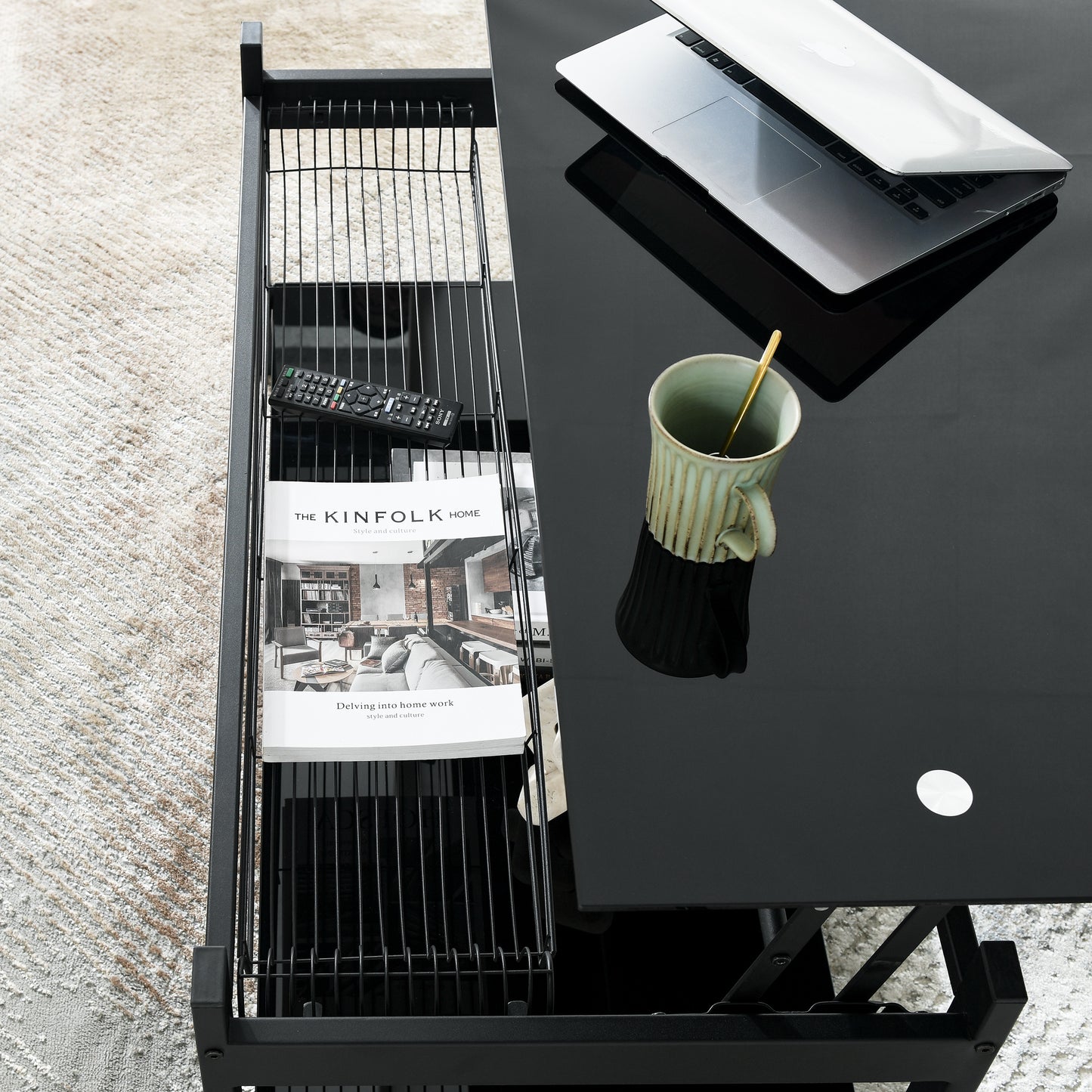 Black Lift Coffee Table with Hidden Storage Shelves and Tempered Glass Top Dining Table