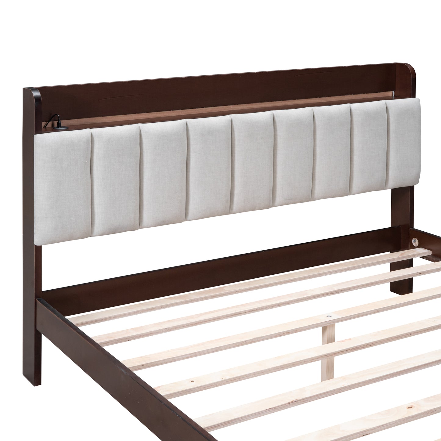 Queen size Platform Bed with USB Charging Station and Storage Upholstered Headboard,LED Bed Frame,No Box Spring Needed,Walnut+Beige