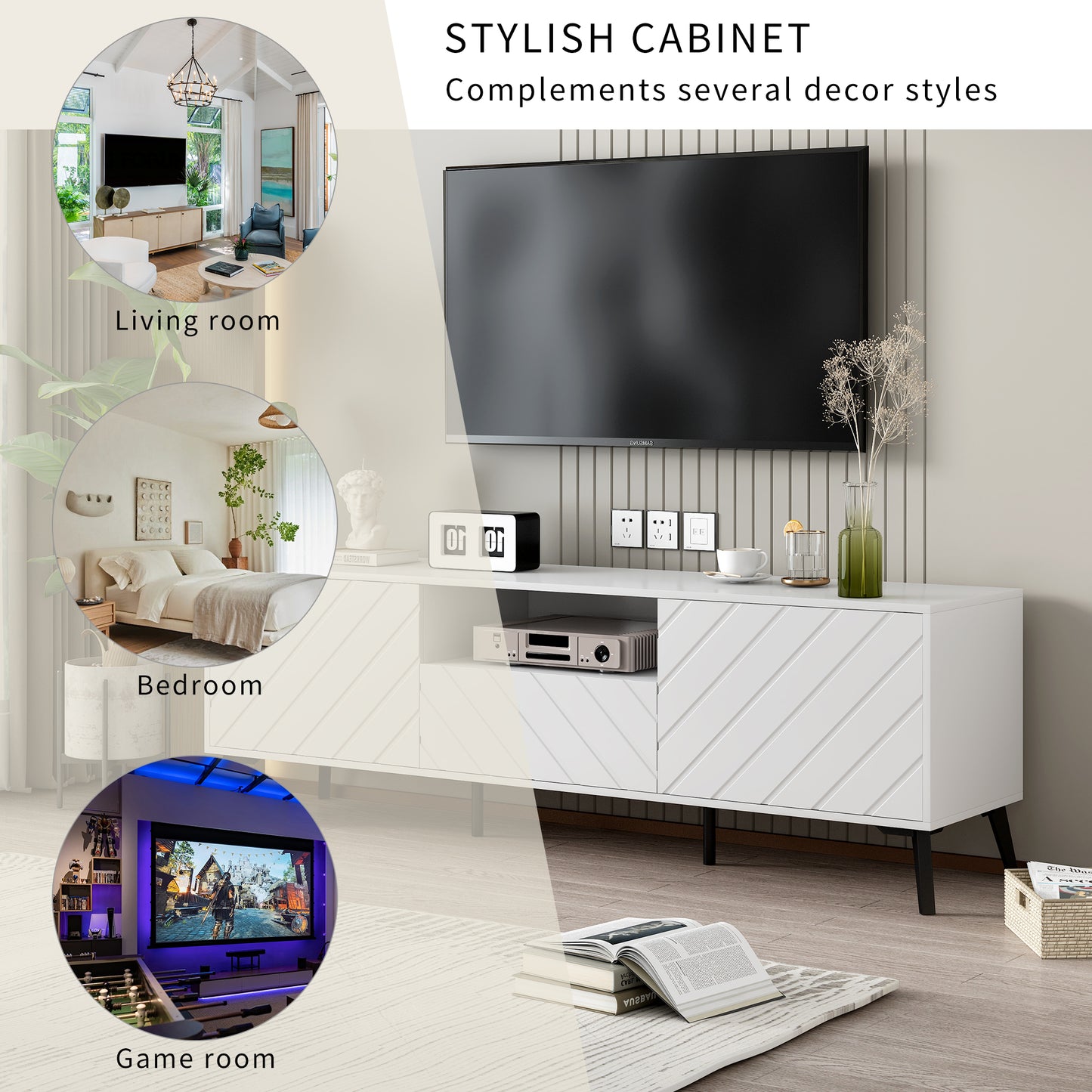 Contemporary TV Console with Adjustable Shelves and Metal Feet for TV up to 70 inch, Living Room Media Stand with Drawer