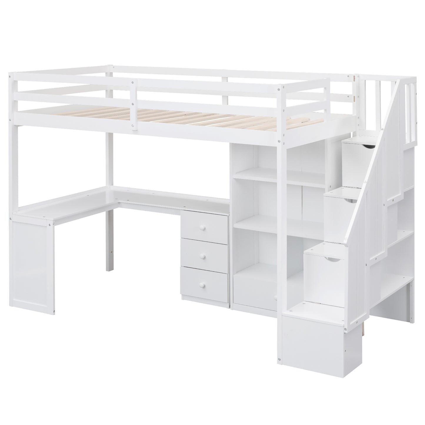 Twin Size Loft Bed with L-Shaped Desk and Drawers, Cabinet and Storage Staircase, White