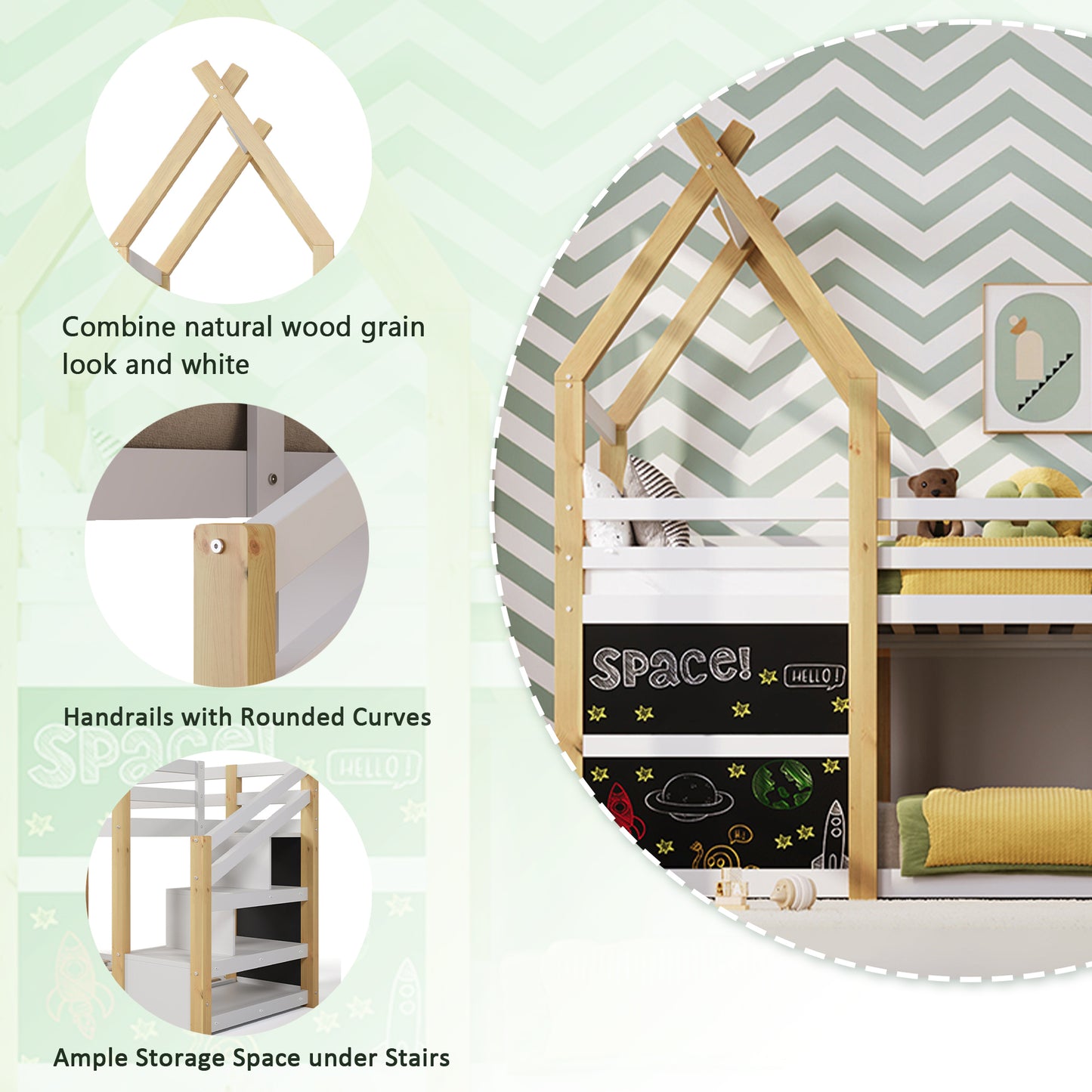 Treehouse Bunk Bed with Storage Staircase and Blackboards