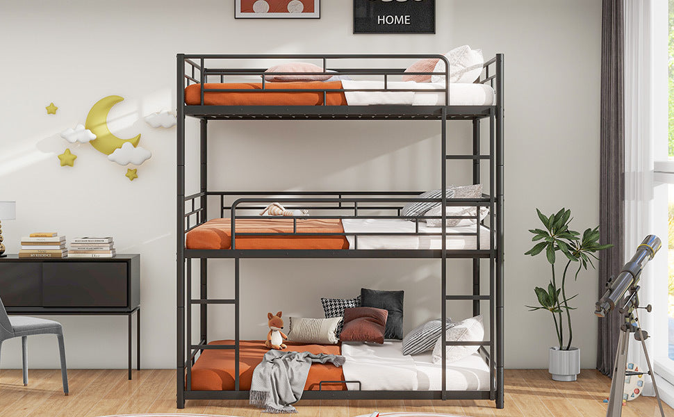 Durable Steel Full Size Triple Bunk Bed in Elegant Black