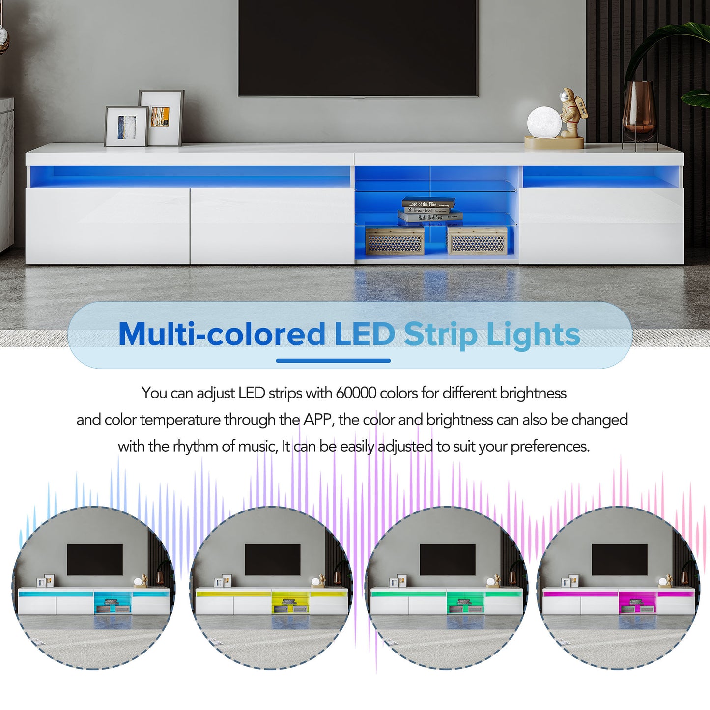 Modern White TV Stand with Glass Shelves and LED Lights for TVs Up to 100