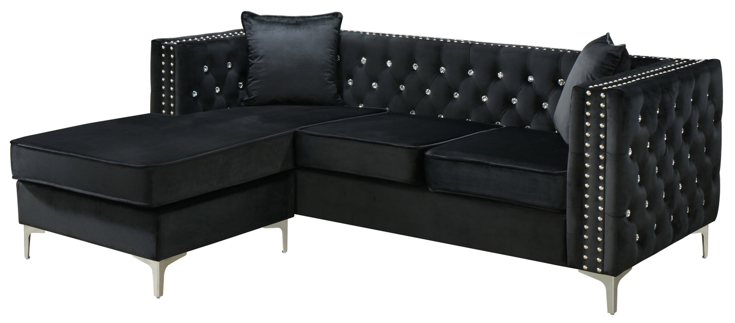 Black Velvet Sofa Chaise with Chrome Legs and Faux Jewel Tufting