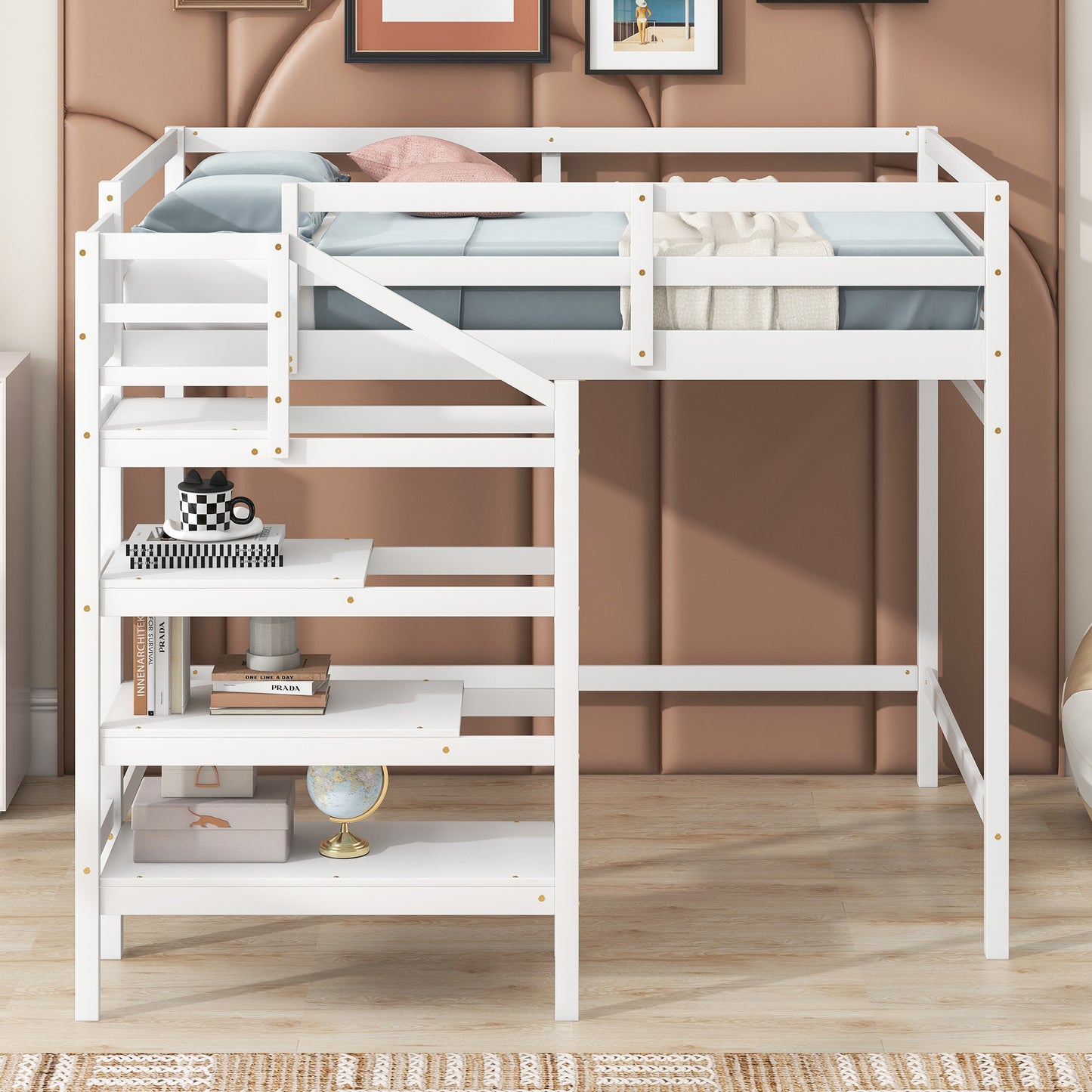 Full Size Loft Bed with Built-in Storage Staircase and Hanger for Clothes, White