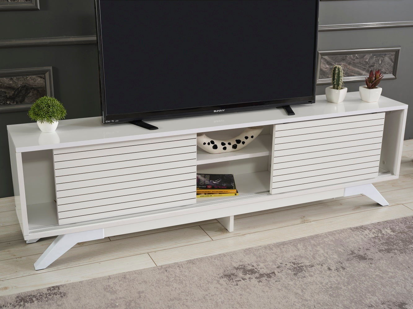 Luxia Mid Century Modern TV Stand with Storage Cabinets and Shelves in White