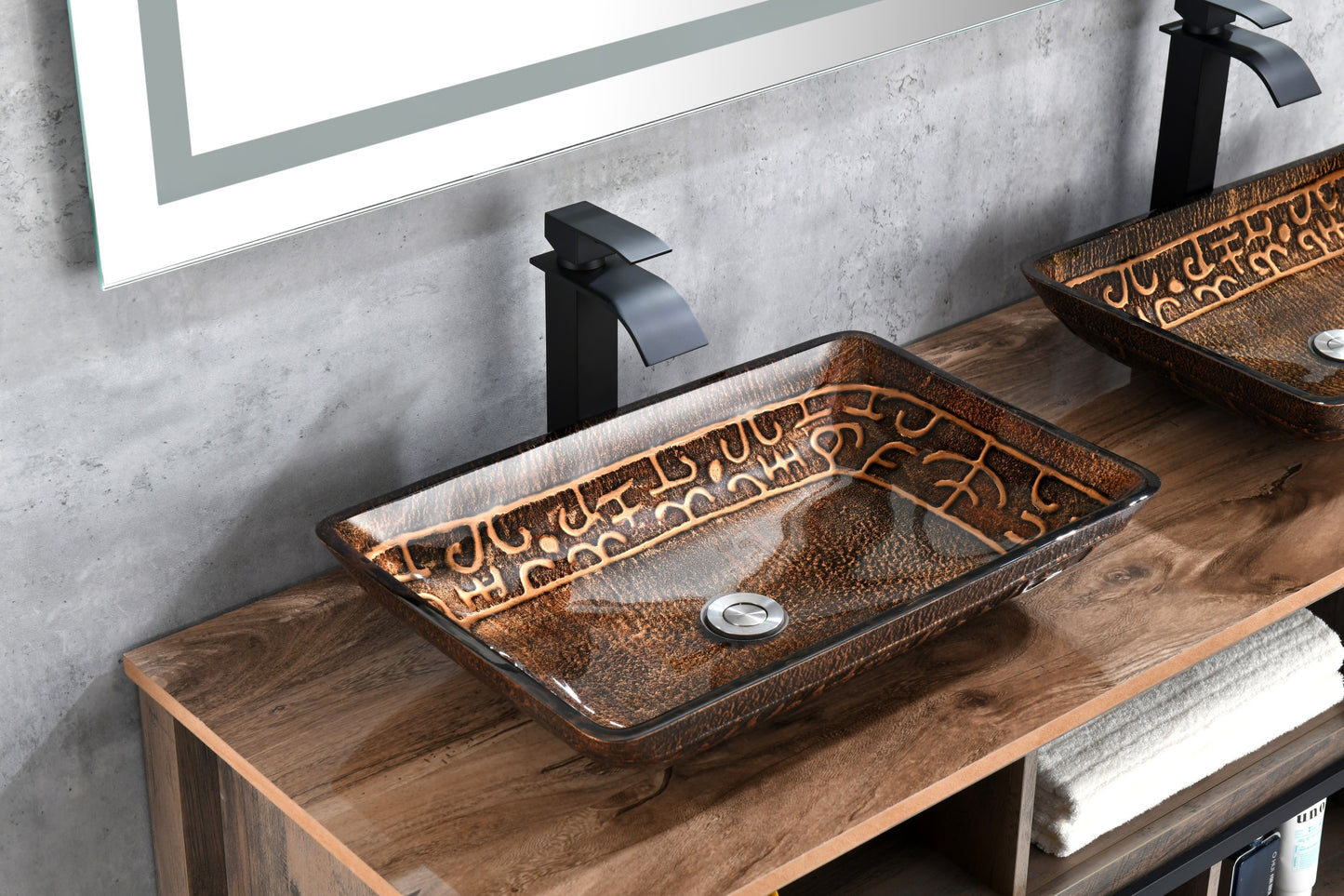 Brown and Gold Fusion Handmade Glass Rectangle Vessel Bathroom Sink with Matte Black Faucet and Drain