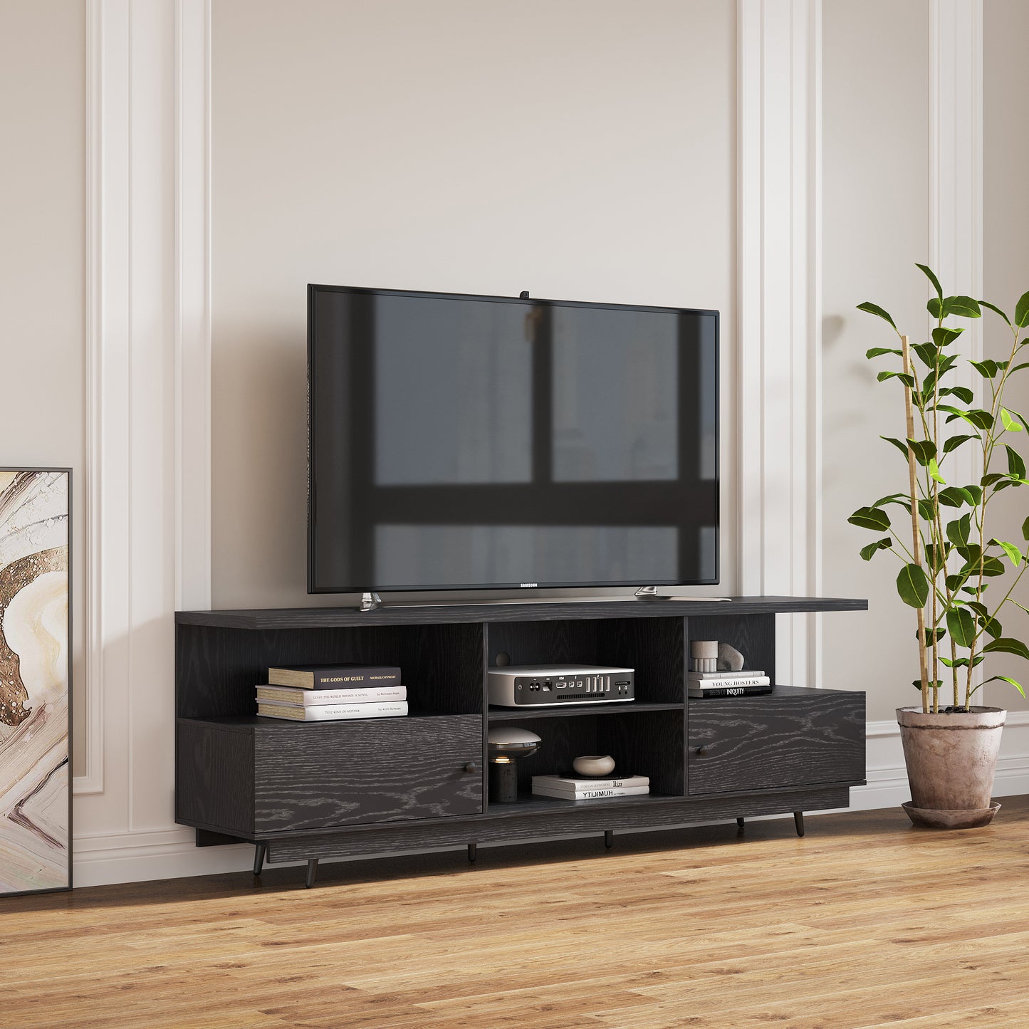 Contemporary Wooden TV Stand with 2 Doors and 4 Open Shelves