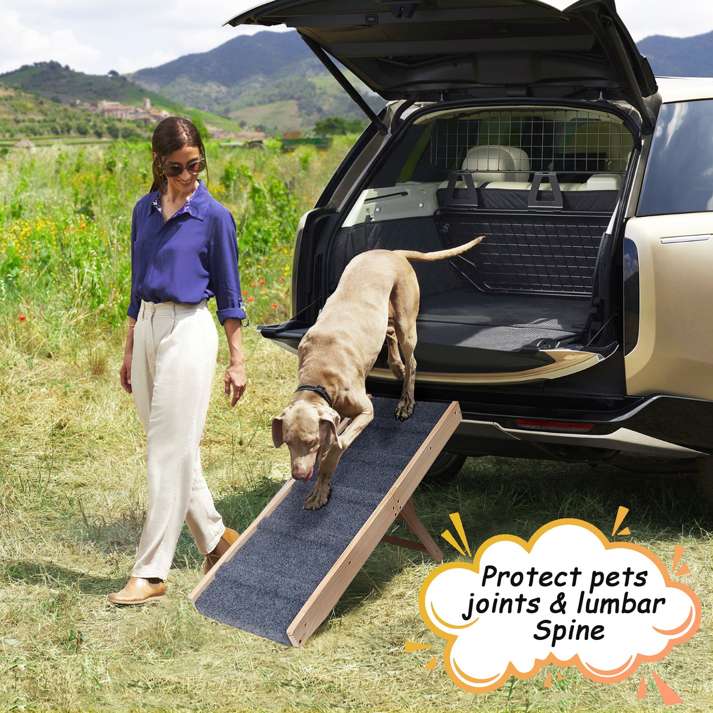 Dog Ramp, 32.6" Long and 11.8" Wide Wooden Folding Portable Pet Ramp, Adjustable from 10" to 19" with Non-Slip Traction Mat, Dog Ramps for Car, Bed, Couch, Rated for 30 LBS(Light Grey)