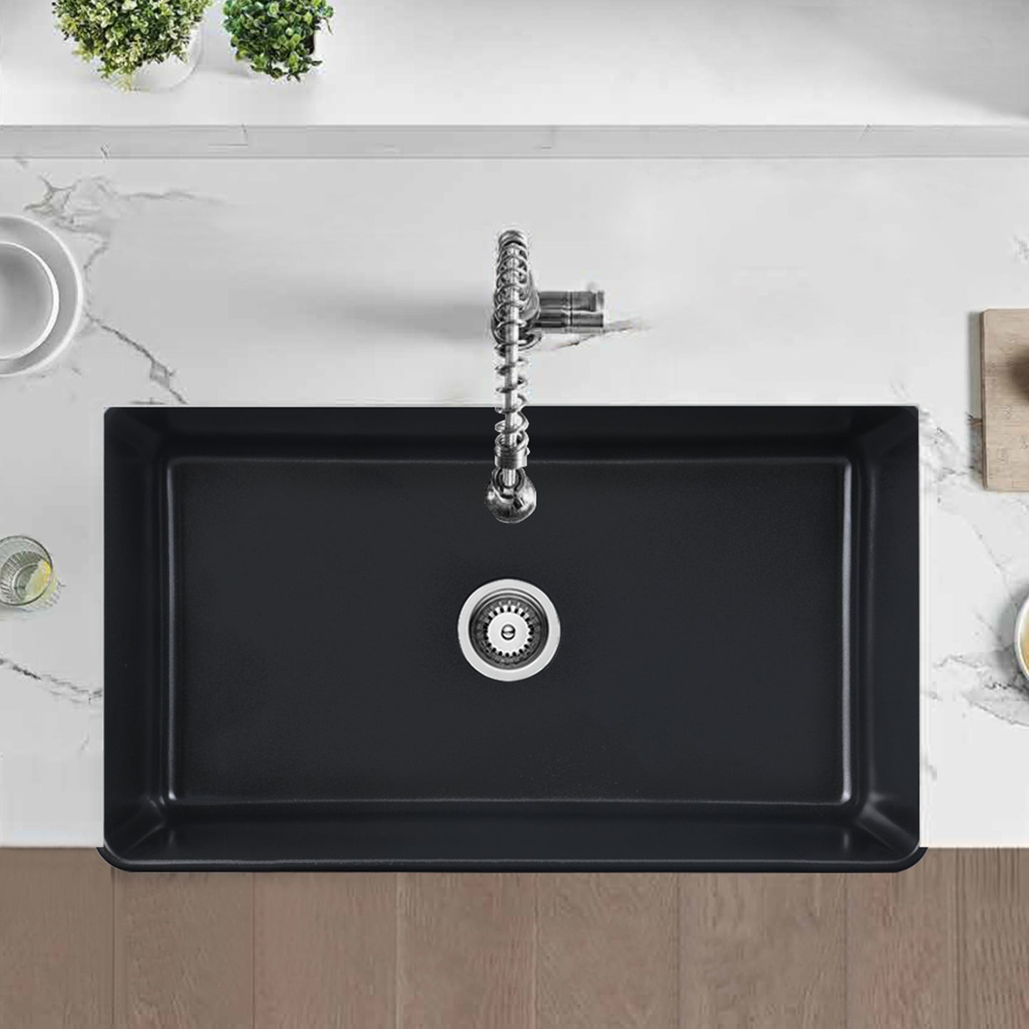 Modern Matte Black Farmhouse Kitchen Sink With Quartz Construction