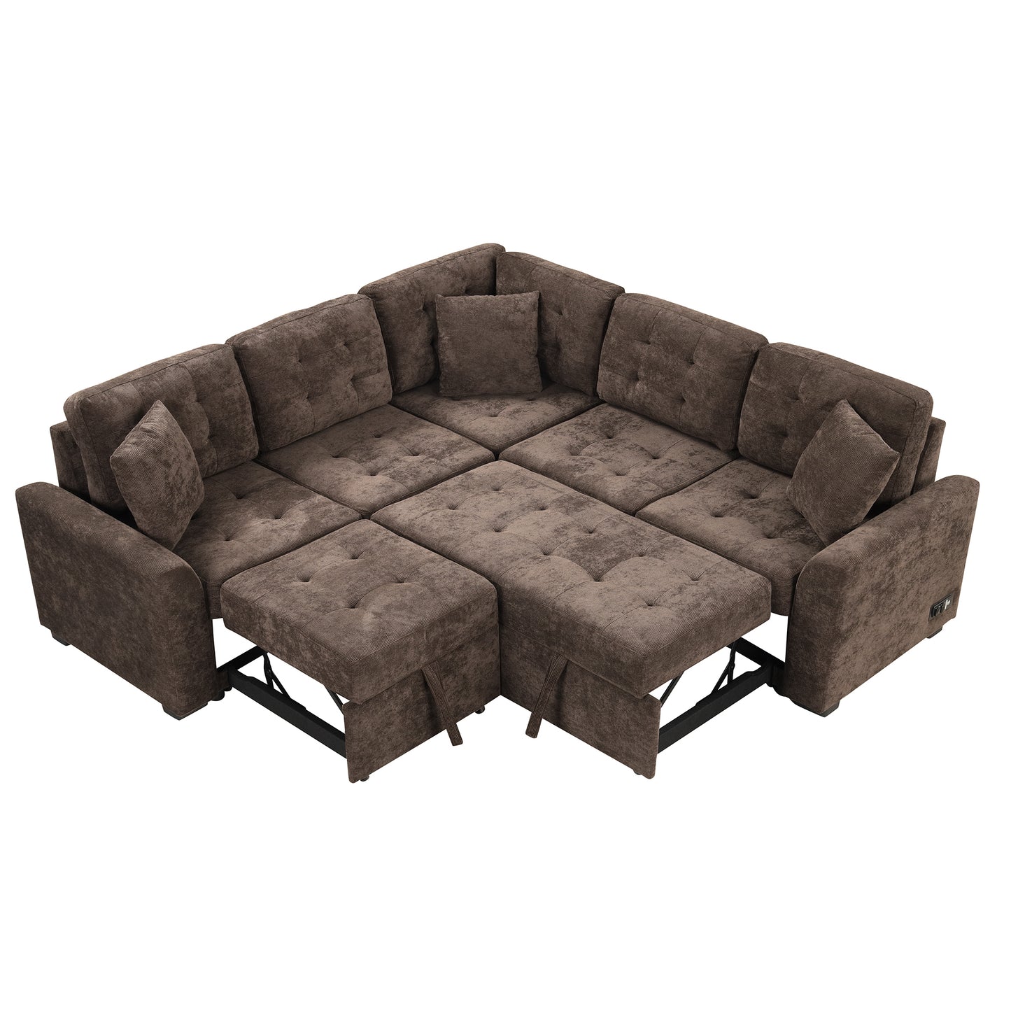 Convertible L-Shape Sleeper Sofa with USB Ports and Power Sockets, Brown