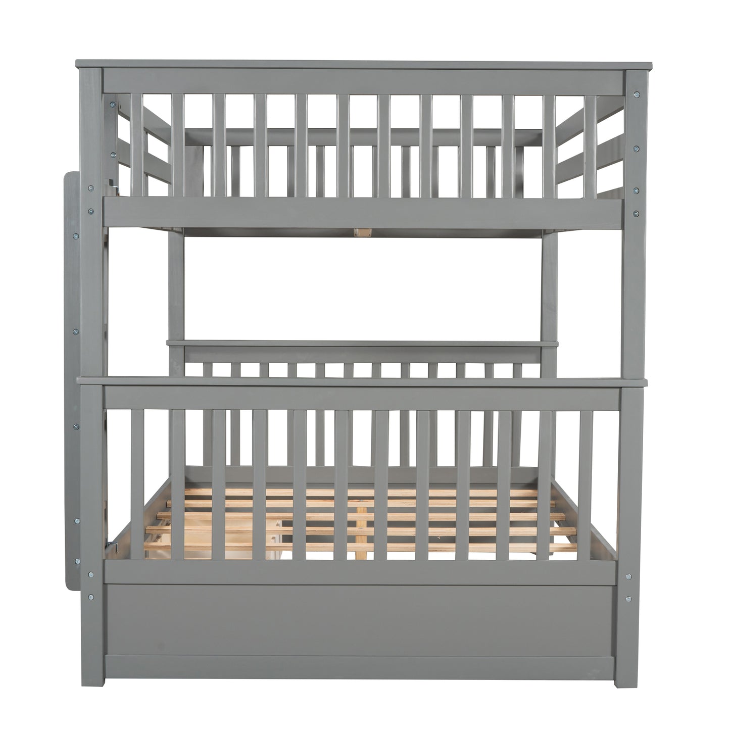 Gray Full-Over-Full Bunk Bed with Storage Drawers and Ladders