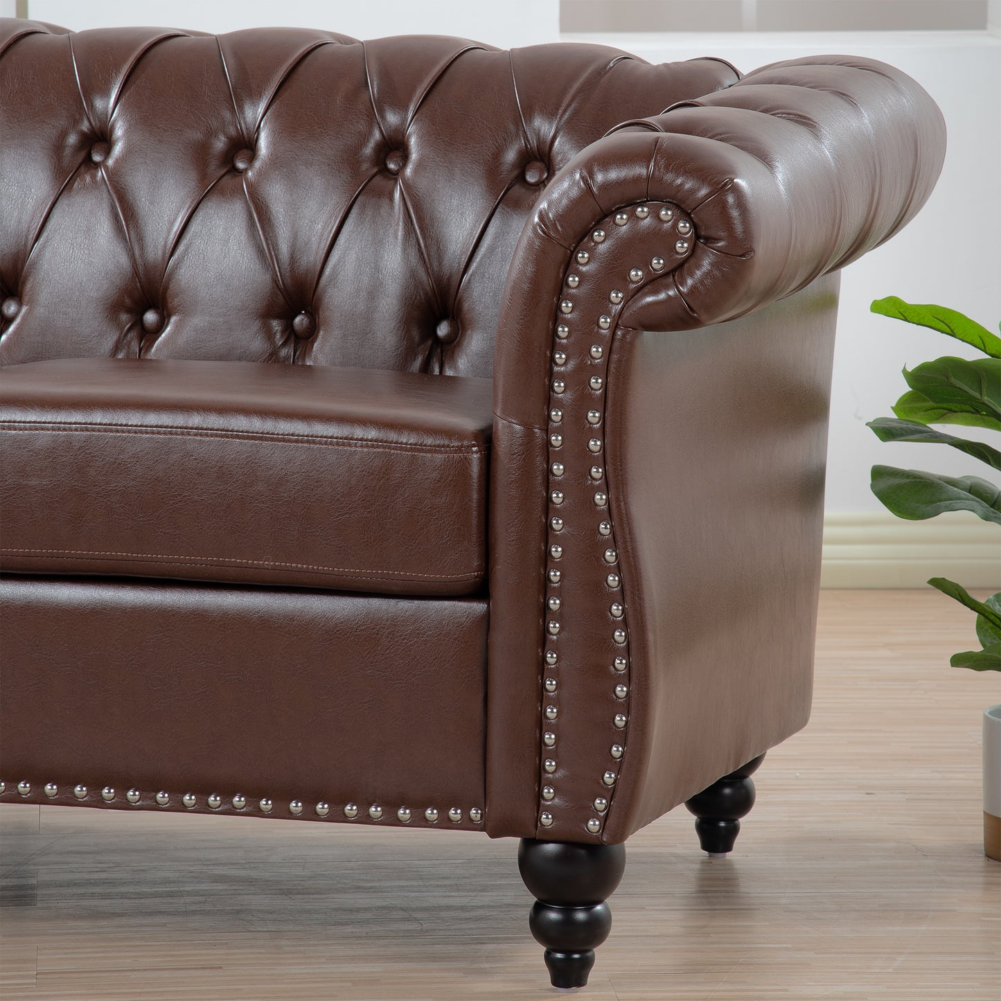 Elegant Dark Brown 84.65 PU Leather Chesterfield Three Seater Sofa with Rolled Arms